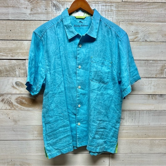 Tommy Bahama Linen Shirt Large Blue Short Sleeve Button Up Beach Resort‎ - Picture 1 of 10